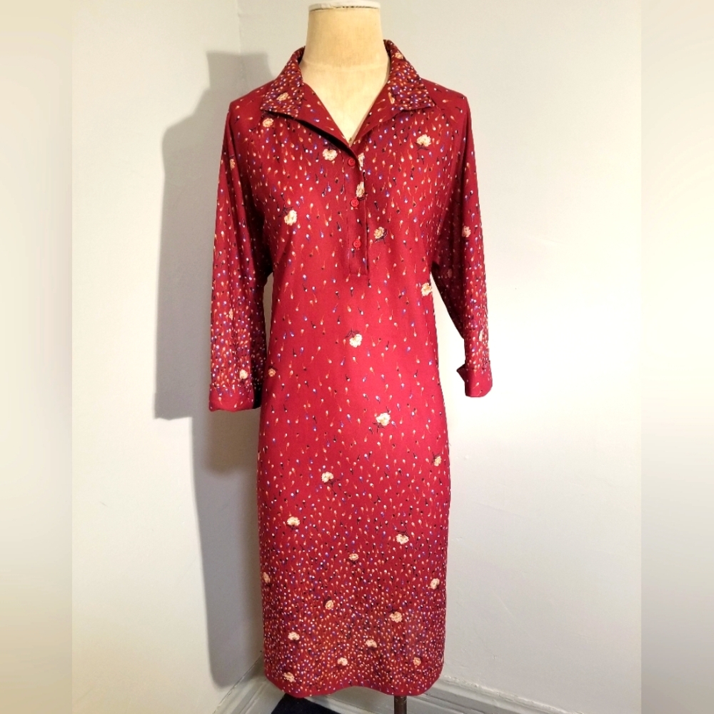 VINTAGE FOREVER YOUNG DRESS FLORAL PRINT RETRO BURGUNDY RED 70S HIPSTER VTG 80S